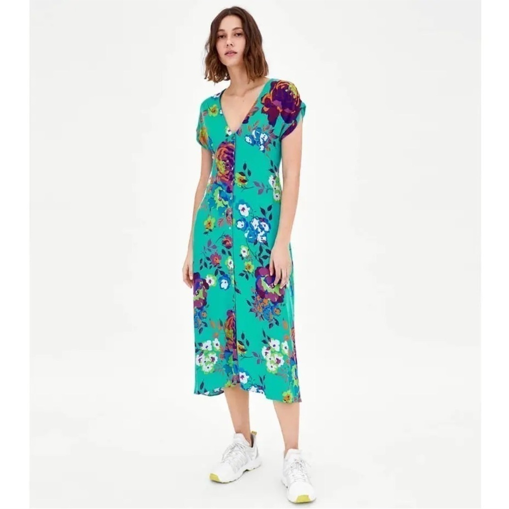 TRF Collection Zara Floral Midi Dress XS Aqua Teal Blue Button Front